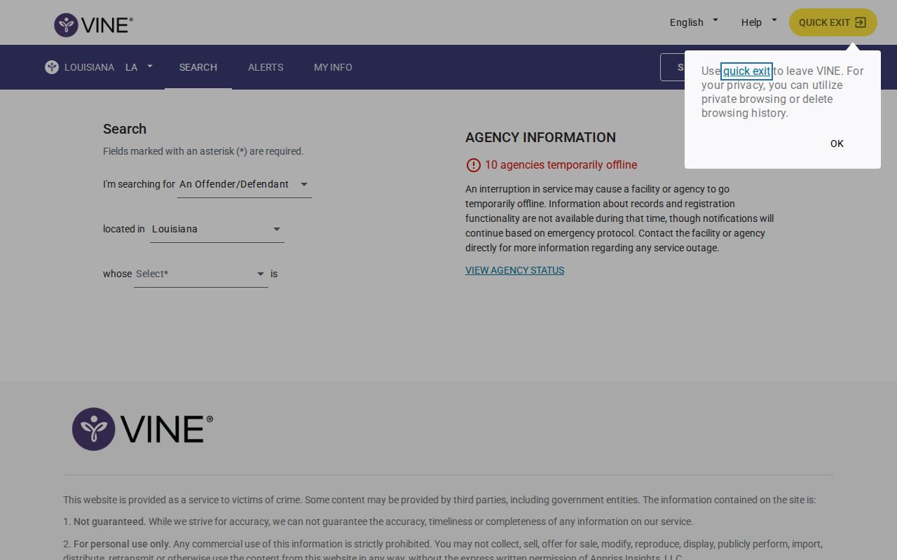 Grant Parish VINELink release check person search