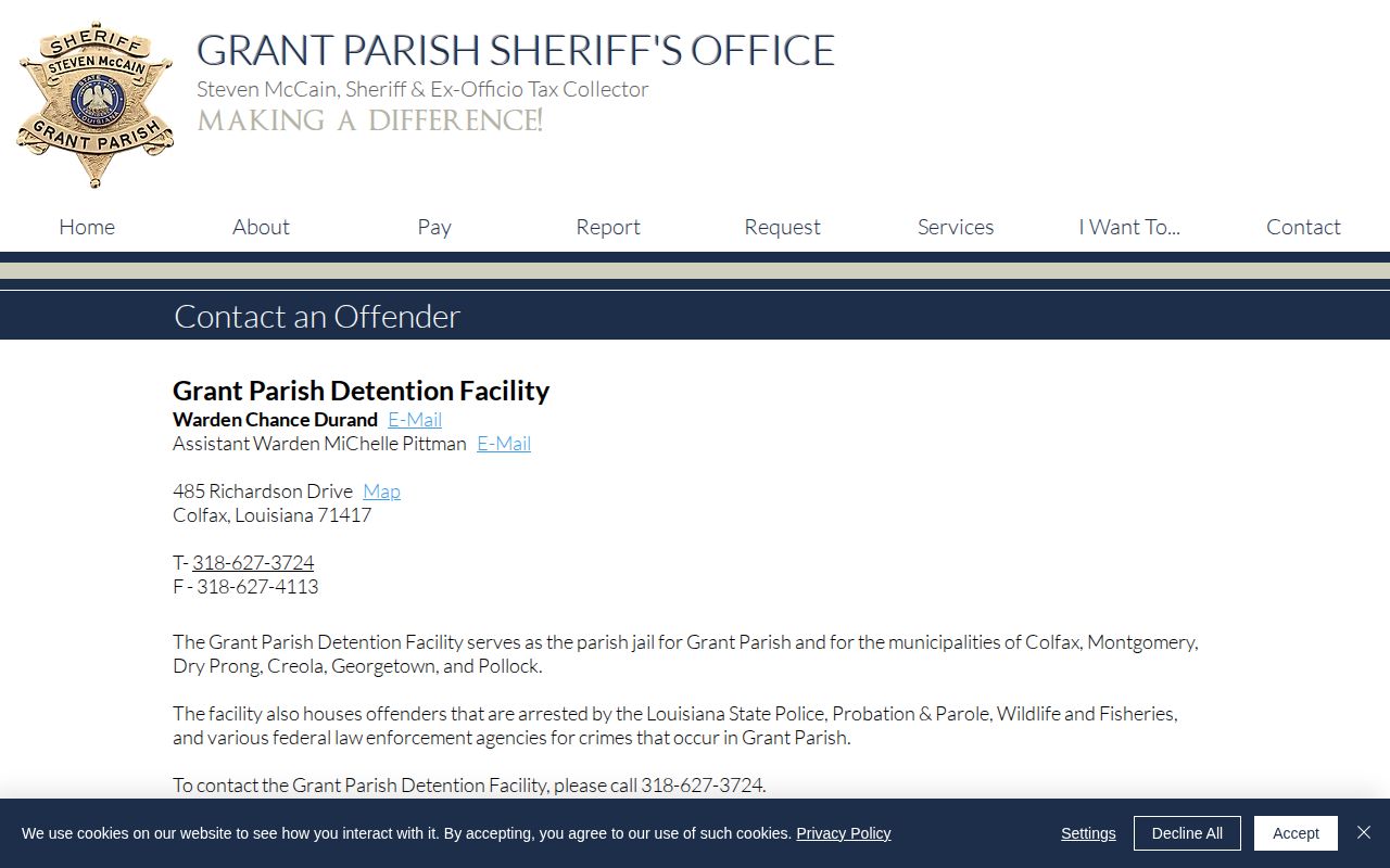 Grant Parish Sheriff offender contact page showing detention facility information